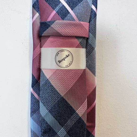 Bespoke NWT Regular Men's Patterned Tie in Pink Adams, Pink and Blue Plaid - Picture 2 of 4
